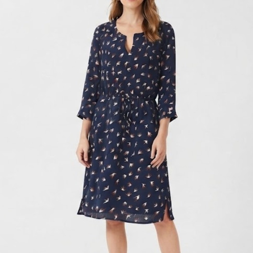DR2 Bird Print Split Neck Dress Large Navy Blue Whimsical Nautical Career Wear